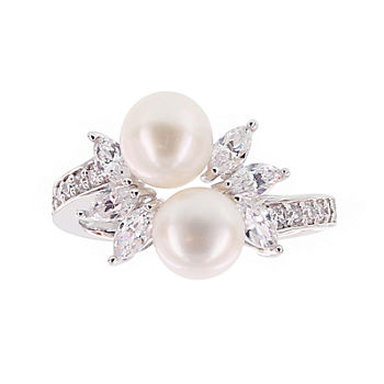 Diamonart® Cultured Freshwater Pearl and Cubic Zirconia Sterling Silver Star Ring