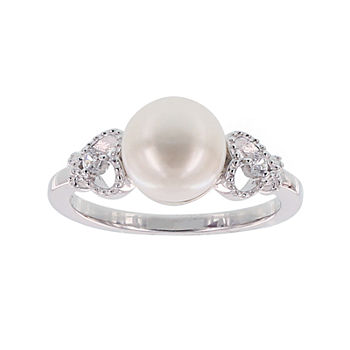 Diamonart® Cultured Freshwater Pearl and Cubic Zirconia Sterling Silver Heart Ring