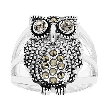Sparkle Allure Owl Marcasite Pure Silver Over Brass Cocktail Ring