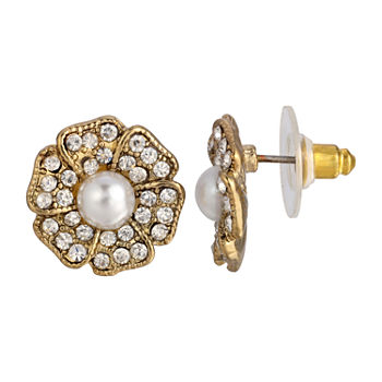 1928 Gold Tone Simulated Pearl 18mm Flower Stud Earrings