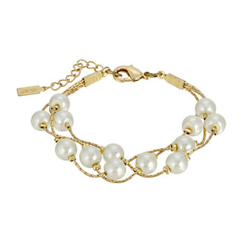 1928 Gold Tone Simulated Pearl 7.25 Inch Bead Beaded Bracelet
