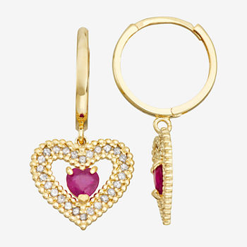 Lead Glass-Filled Red Ruby & 1/3 CT. T.W. Genuine White Diamond 10K Gold Heart Drop Earrings