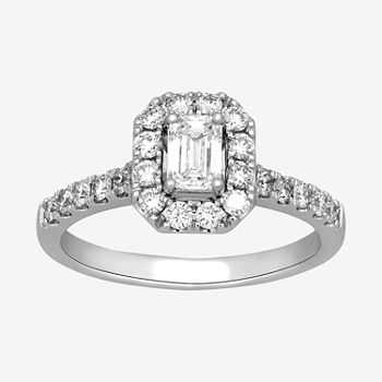 Signature By Modern Bride Womens 1 CT. T.W. Lab Grown White Diamond 10K White Gold Side Stone Halo Engagement Ring