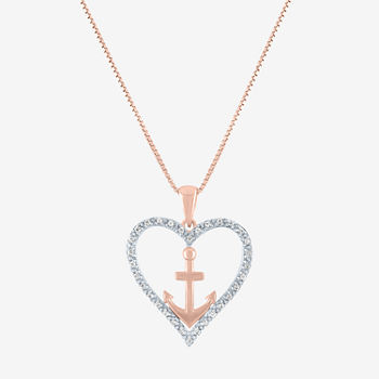 Womens 1/10 CT. T.W. Genuine White Diamond 14K Rose Gold Over Silver Anchor Heart Pendant Necklace