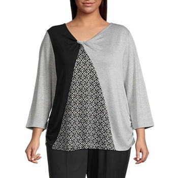 Alfred Dunner Southern Charm Womens Plus Asymmetrical Neck 3/4 Sleeve T-Shirt