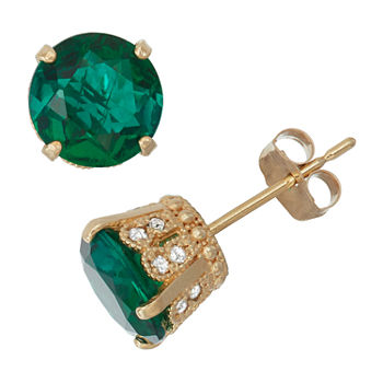 Lab Created Emerald And 1/6 Cttw H-i Diamond 10k Yellow Gold Earrings