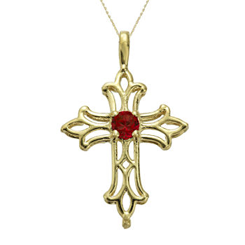 Lab-Created Ruby 10K Yellow Gold Cross Pendant Necklace