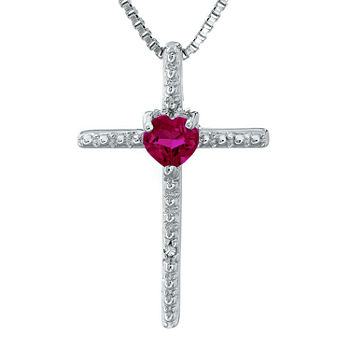Lab-Created Ruby and Diamond-Accent Sterling Silver Cross and Heart Pendant Necklace