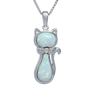 Lab-Created Opal and Diamond-Accent Sterling Silver Cat Pendant Necklace