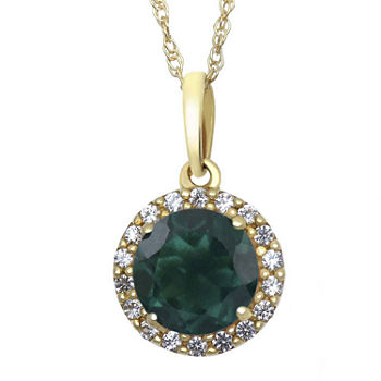 Lab-Created Emerald and White Sapphire 10K Yellow Gold Halo Pendant Necklace