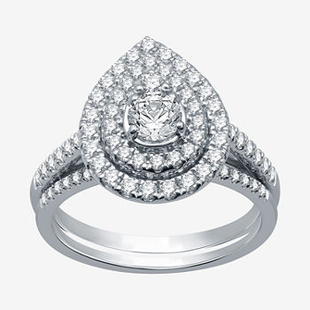 I Said Yes Womens 1 CT. T.W. Lab Grown Diamond Sterling Silver Pear Side Stone Halo Bridal Set