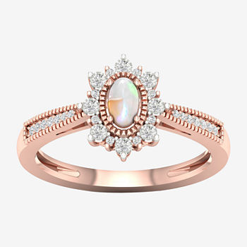 Womens Diamond Accent Genuine Opal 10K Rose Gold Cocktail Ring