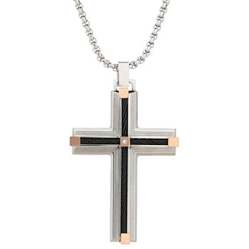 Mens Cubic Zirconia Stainless Steel Cross Pendant Necklace