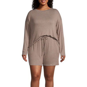 Ambrielle Womens Plus Long Sleeve Crew Neck 2-pc. Shorts Pajama Set