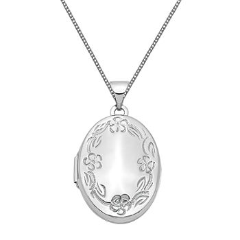 Floral Womens 14K White Gold Oval Locket Necklace