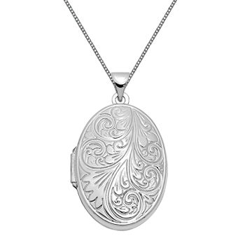 Floral Womens 14K White Gold Oval Locket Necklace