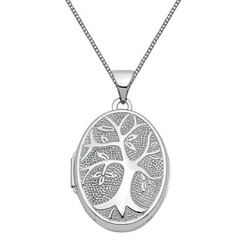 Tree_Of_Life Womens 14K White Gold Oval Locket Necklace