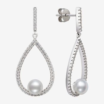 Lab Created White Cultured Freshwater Pearl Sterling Silver Drop Earrings