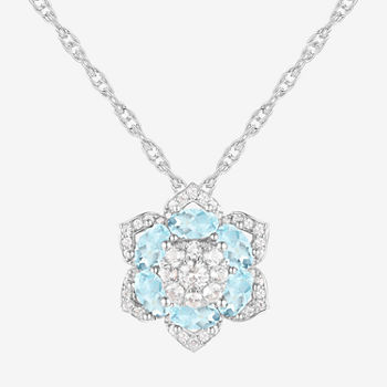 Womens Genuine Blue Aquamarine Sterling Silver Flower Pendant Necklace
