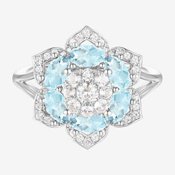 Womens Genuine Blue Aquamarine Sterling Silver Flower Cocktail Ring
