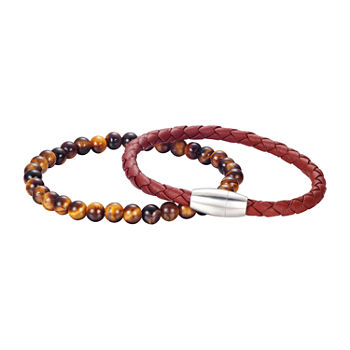 Footnotes J.P. Army Men'S Jewelry 2-pc. Tiger's Eye Stainless Steel 8 Inch Bead Round Bracelet Set