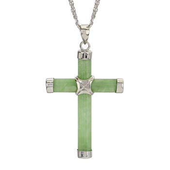 Womens Genuine Green Jade Sterling Silver Cross Pendant Necklace