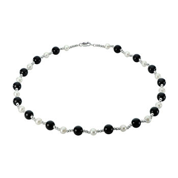 Womens Genuine Black Onyx Cultured Freshwater Pearl Sterling Silver Strand Necklace