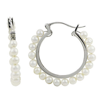 Genuine White Cultured Freshwater Pearl Sterling Silver 30mm Hoop Earrings