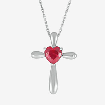 Womens Lab Created Red Ruby Sterling Silver Cross Pendant Necklace