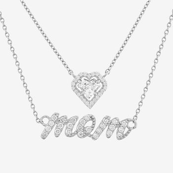 Diamonart Layered Look "Mom" Womens White Cubic Zirconia Sterling Silver Heart Pendant Necklace