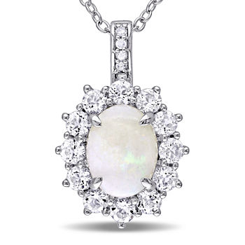 Round Genuine Opal, White Topaz and Diamond-Accent Starburst Pendant Necklace