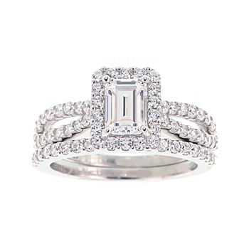DiamonArt® Cubic Zirconia Sterling Silver Emerald-Cut Bridal Ring Set