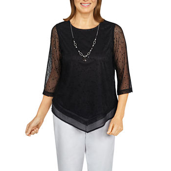 Alfred Dunner Classics Womens Crew Neck 3/4 Sleeve Layered Top