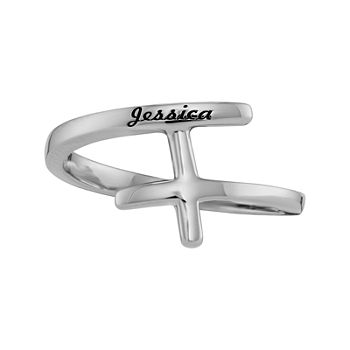 Personalized 10K White Gold Sideways Cross Name Ring