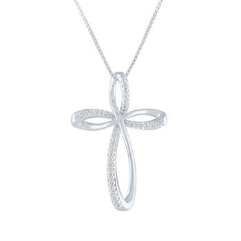 Womens 1/10 CT. T.W. Genuine White Diamond Sterling Silver Cross Pendant Necklace