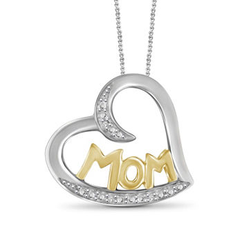 "Mom" Womens Diamond Accent Genuine White Diamond 14K Gold Over Brass Heart Pendant Necklace