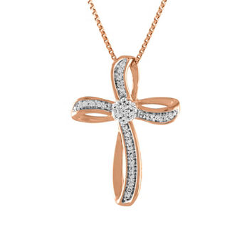 Diamond Blossom Womens 1/10 CT. T.W. Genuine White Diamond 14K Rose Gold Over Silver Cross Pendant Necklace