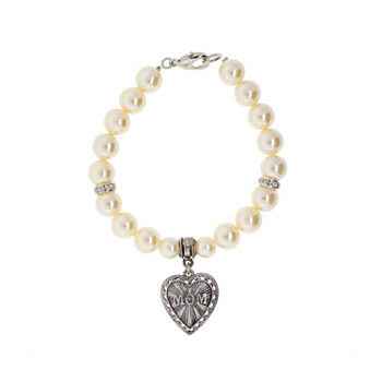 1928 Mom Silver Tone Simulated Pearl 7.5 Inch Heart Charm Bracelet