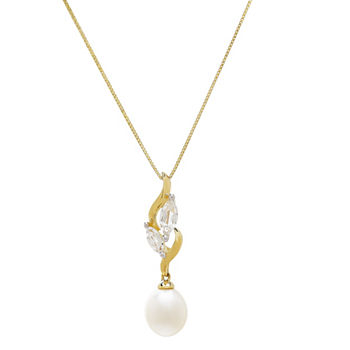 Womens Genuine White Cultured Freshwater Pearl 10K Gold Pendant Necklace