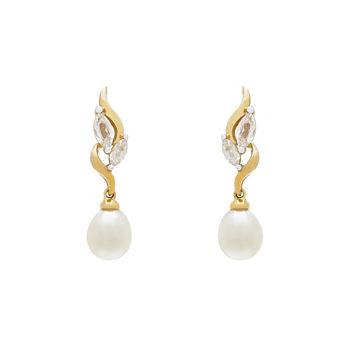 Genuine White Cultured Freshwater Pearl 10K Gold Drop Earrings