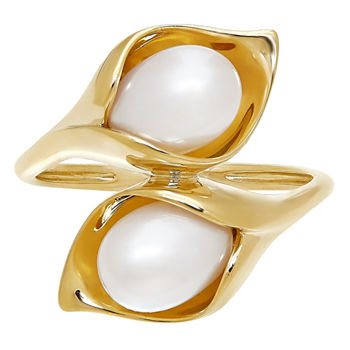 Womens Genuine White Cultured Freshwater Pearl 10K Gold Cocktail Ring