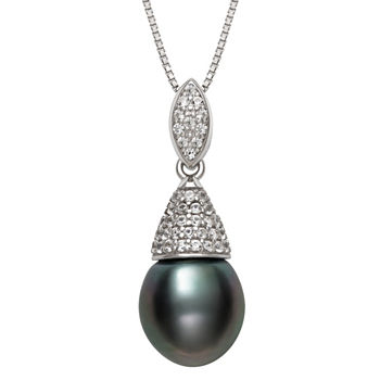 Womens Cultured Tahitian Pearl & Lab-Created Sapphire Sterling Silver Pendant Necklace