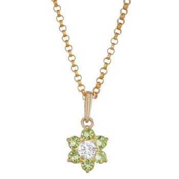 Girls Green Cubic Zirconia 10K Gold Flower Pendant Necklace