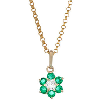 Girls Green Cubic Zirconia 10K Gold Flower Pendant Necklace