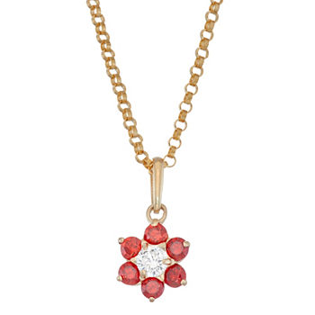 Girls Red Cubic Zirconia 10K Gold Flower Pendant Necklace