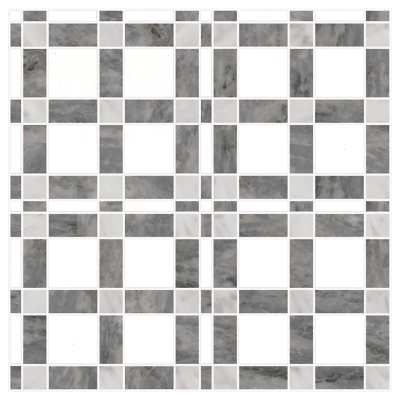 Ann Sacks Mosaic McConnell 12" x 12" pattern repeat in Thassos Standard, Carrara, & Bardiglio