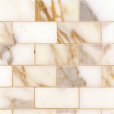 1" x 2-3/8" brick offset mosaic with calacatta in polished finish
