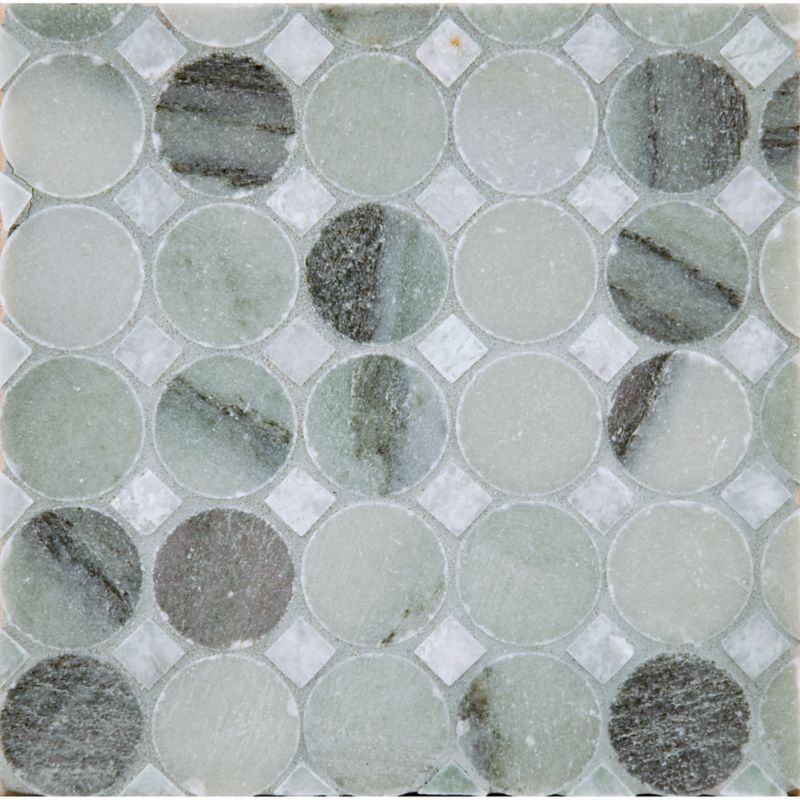 circle square #1 mosaic in chippolino with ming green dot in polished finish