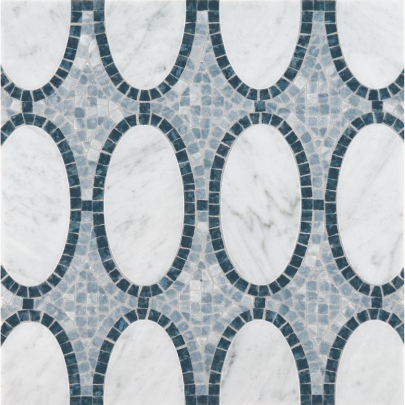 opera mosaic with carrara and blue pearl in polished finish and bardiglio in tumbled finish