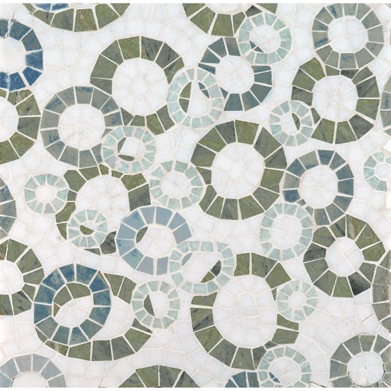ring toss mosaic with thassos standard, ming green, blue macauba, and verde luna in polished finish